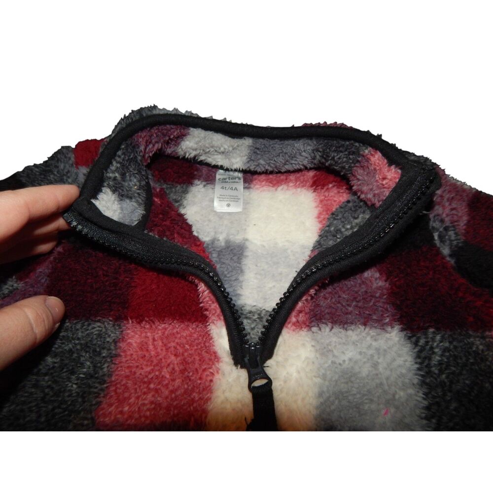 Carter's Toddler Boys 4T Red Black White Buffalo Plaid Fleece 1/4 Zip Pullover - Picture 2 of 4